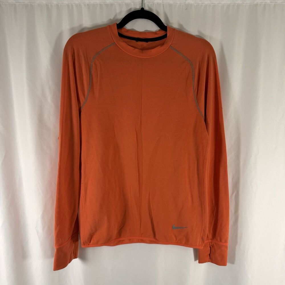 Nike Shirt Men's Small Orange Long Sleeve Crew Neck Dri Fit Thumb Hole
